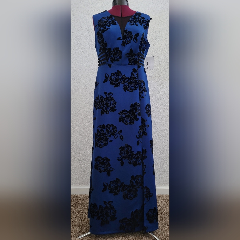 Blue with Black floral sleeveless formal dress, Enfocus, sz 12